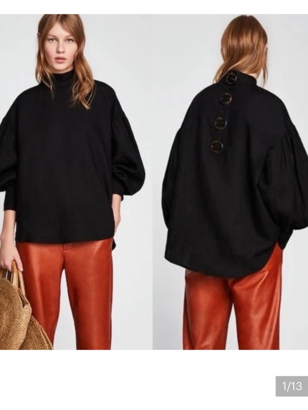 Zara Black Voluminous Button-Back Tunic shirt linen L